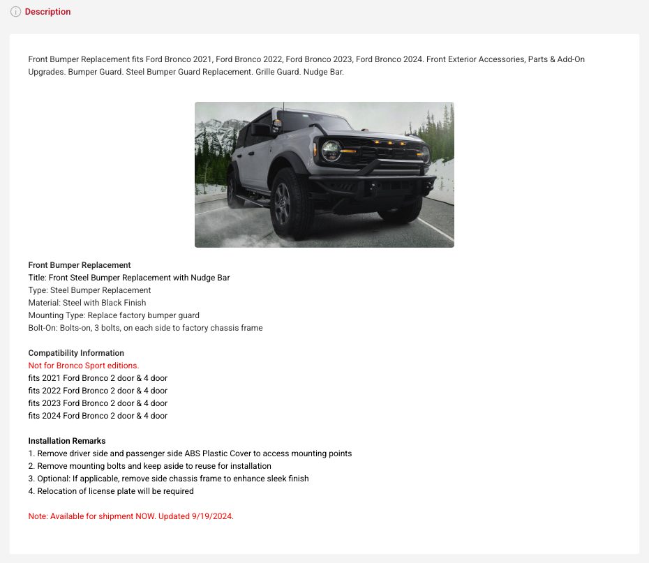 Product description and fitment detail
